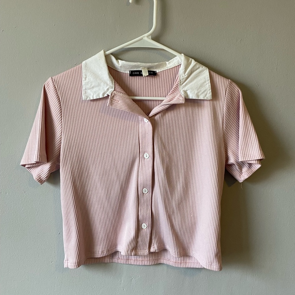 Pink button-down t-shirt with white collar